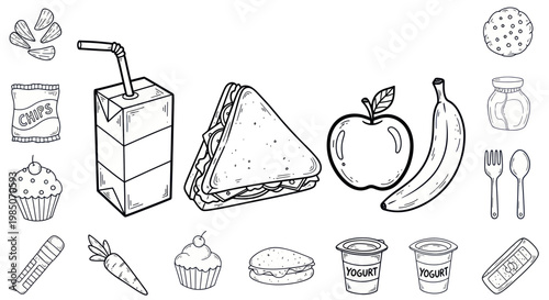 Healthy Lunchbox Ingredients Doodle - Food Items Collection
