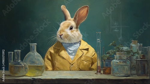 Cute rabbit dressed as scientist in yellow lab coat with laboratory glassware