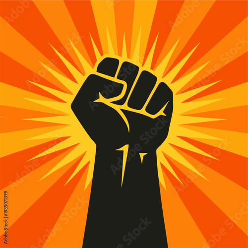 Raised Fist Symbol on Orange Sunburst Background, Power Protest Unity Emblem