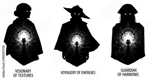 Mystical silhouettes with glowing inner energy during cosmic exploration isolated on white background