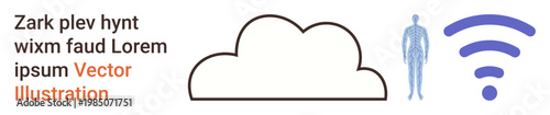 Data storage, wireless technology, digital communication, human interaction, cloud computing, internet connectivity. Icons of a cloud, a human figure and a wireless signal. Focus on cloud computing