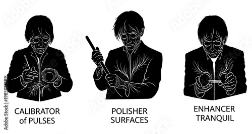 Silhouettes of a person calibrating polishing and enhancing with tools isolated on white background