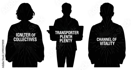 Silhouettes of three people with motivational phrases during an abstract burst of light isolated on white background