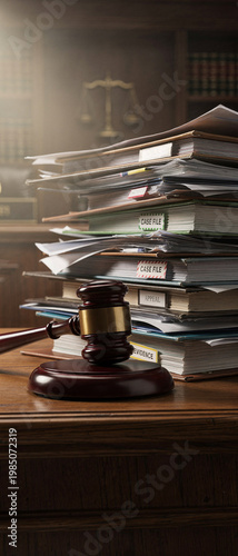 A pile of legal documents with a wooden gavel, symbolizing justice and law