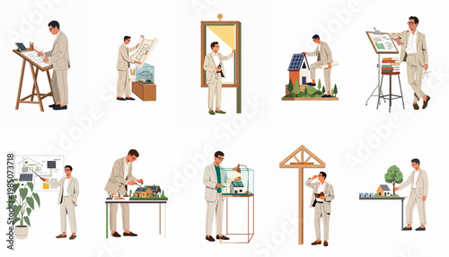 Collection of illustrations showing an architect working on sustainable house designs, solar energy projects, and green building models.