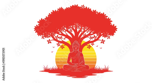 Buddha meditating under tree at sunset, spiritual enlightenment, serene nature