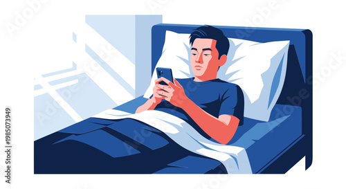 Man Lying in Bed Using Smartphone, Morning Light