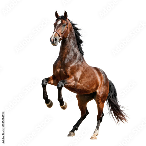 Powerful brown horse rearing up on its hind legs with a white background