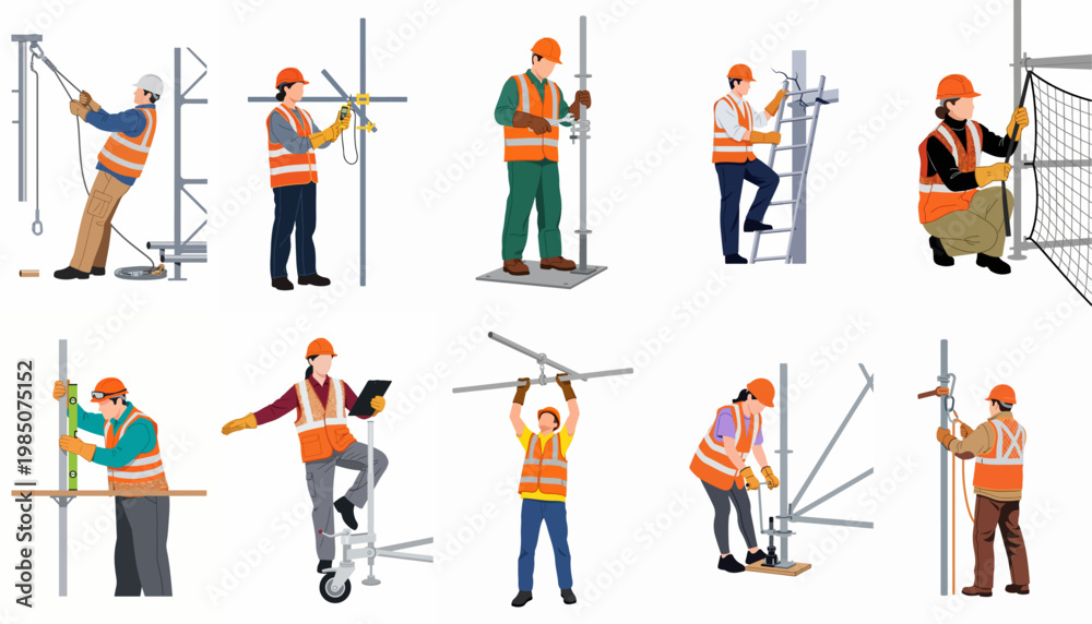 Fototapeta premium Collection of flat vector illustrations depicting construction workers in safety gear performing various scaffolding installation and inspection tasks on a white background.