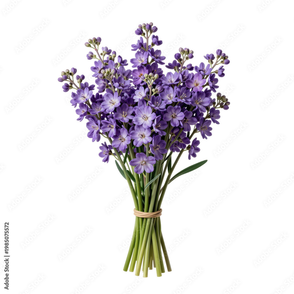 Obraz premium Arrangement of purple sparaxis flowers tied together with neutral band on white backdrop