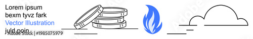 Finance, energy, economy balance, natural resources, sustainability, business innovation. Stack of coins, blue flame and a cloud outline. Finance and energy concept
