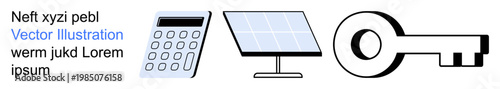 Technology, energy, sustainability, innovation, security, and calculation. are a calculator, solar panel and key in a simplistic design. Technology and energy concepts