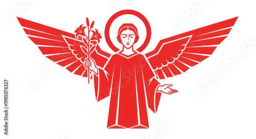 Red Angel with Wings and Lily Flower, Halo, Religious Symbol, Graphic Illustration
