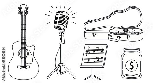 Music Performance Equipment and Funding Jar - Line Art Illustration