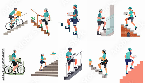 Set of flat vector illustrations of male and female bicycle couriers delivering parcels and mail up various staircases.