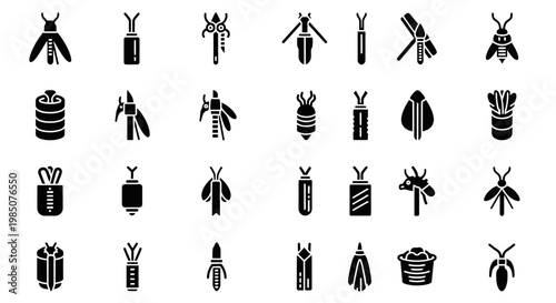 Black, minimalist bee icons set, 25 insect symbols, vector graphics, illustration collection
