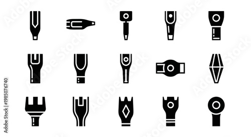 Black electrical plug icons, socket symbols, power outlet graphics, 16 vector plug illustrations
