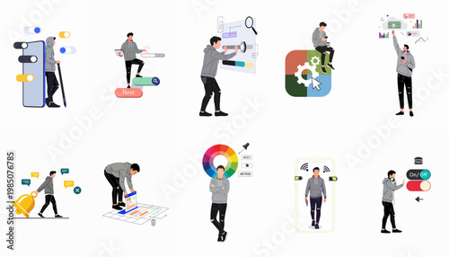 Collection of flat vector illustrations showing a character interacting with mobile app interfaces, UI/UX design components, data charts, and digital technology icons.