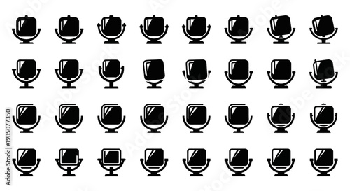 Microphone icons, black and white sound symbol set, vector audio equipment illustrations, 30 microphone graphics