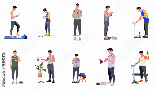 Collection of flat illustrations of men monitoring their weight and fitness progress with smart scales, smartphones, and wearable gadgets.