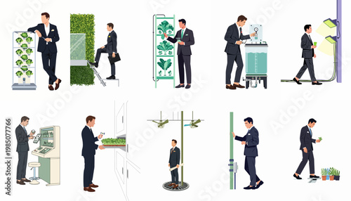 Businessman interacting with modern vertical farming and AgTech systems including hydroponics, indoor nurseries, and smart agricultural technology illustrations.