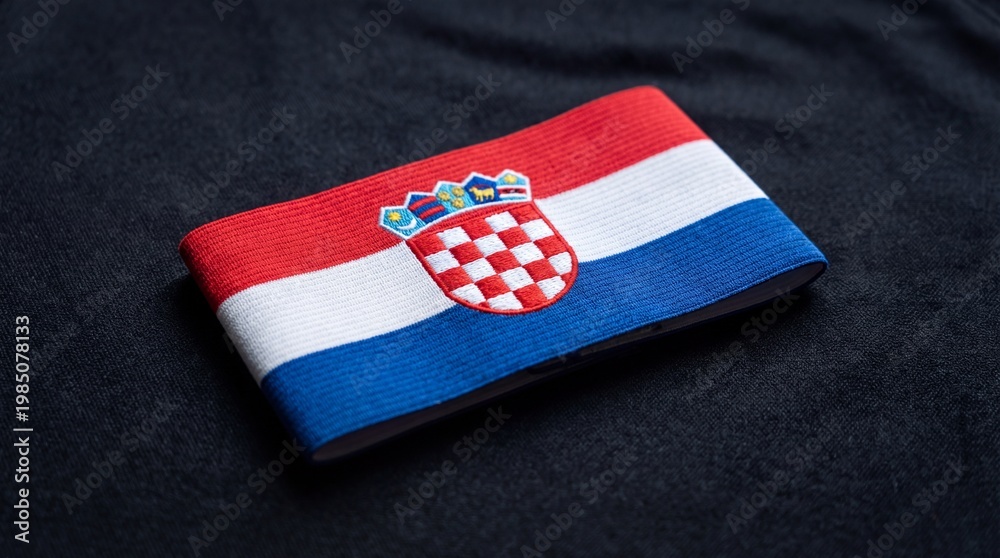 Obraz premium Croatian flag armband detailed close up against a dark fabric background showing national pride