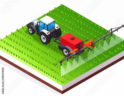 Tractor and Sprayer on Green Field.