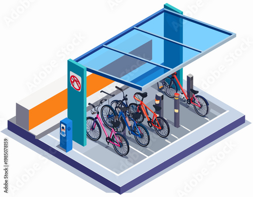 Bicycle Parking Station with Bikes Under Shelter.