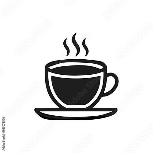 A minimalist black and white illustration of a steaming cup of coffee on a saucer on transparent background