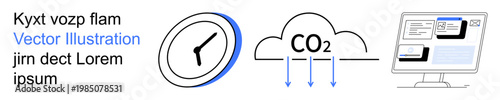 Sustainability, environmental impact, technology integration, time tracking, workplace productivity, and digital tools. Clock, CO2 cloud and computer screen icons. Time tracking and sustainability