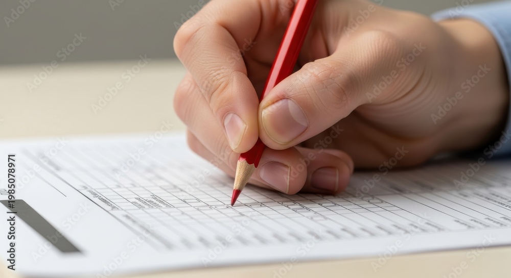 Naklejka premium Hand uses a red pencil to fill in a checkbox on a printed document.