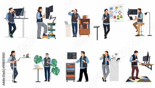 Flat vector illustrations of modern office workers and software developers in various workplace scenarios, featuring standing desks, coffee culture, and technology environments.