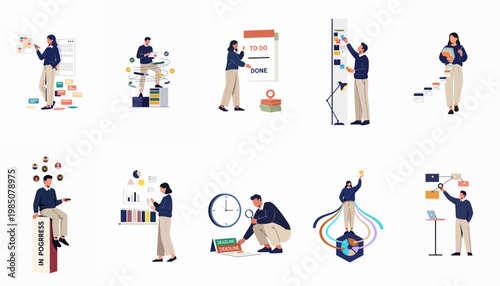 Illustration Set of Business People Managing Tasks, Productivity, Deadlines, and Project Planning in a Modern Office Style