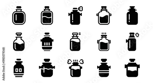 Black and white chemistry lab equipment icons, 16 laboratory vessel symbols, science and medical research illustrations, chemical container set, vector graphics