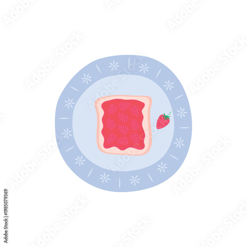 Toast with strawberry jam on a blue decorative plate, top view. Hand-drawn toast with jam and fresh strawberries. Vector illustration.