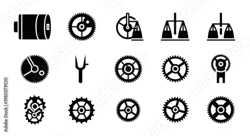 Industrial gear icons, mechanical symbols, black silhouette graphics, 13-piece vector set