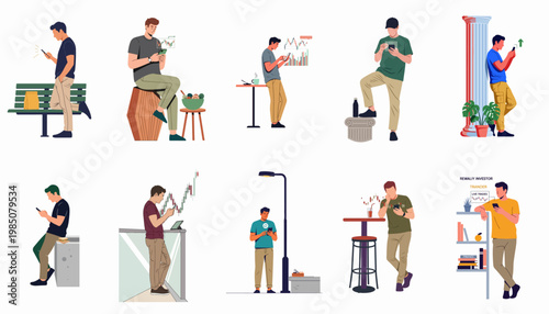 Collection of Young Men Using Smartphones for Stock Market Trading and Financial Investment in Various Daily Settings