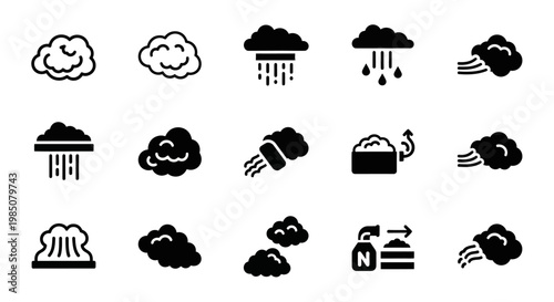 Weather icons, cloud symbols, rain clouds, stormy weather graphics, black vector set