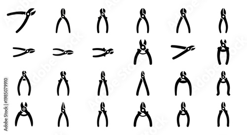 Pliers icons, vector pliers set, 20 black pliers illustrations, hand tool symbols, industrial icons