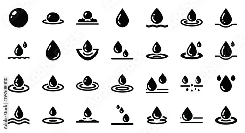 Water Droplet Icons, Black and White Vector Set, 25 Waterdrop Symbols, Rain Drop Illustration Collection