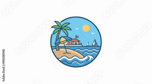 A cartoon illustration of a tropical island with a palm tree and a house in a circular frame