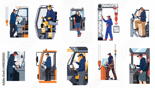 Collection of diverse heavy machinery and crane operators working in industrial environments with modern control systems and protective gear.