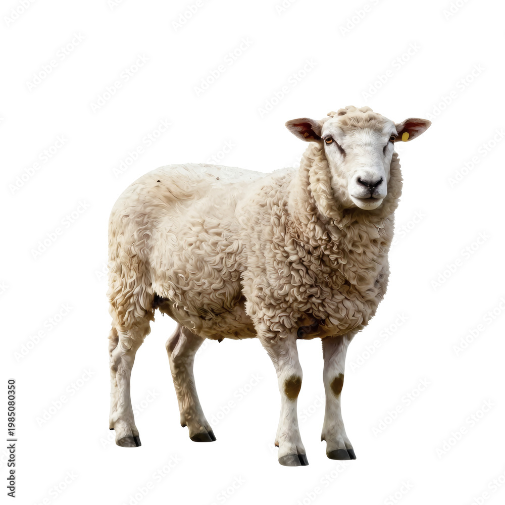 Obraz premium Close up illustration of a sheep with thick wool standing in a blank background
