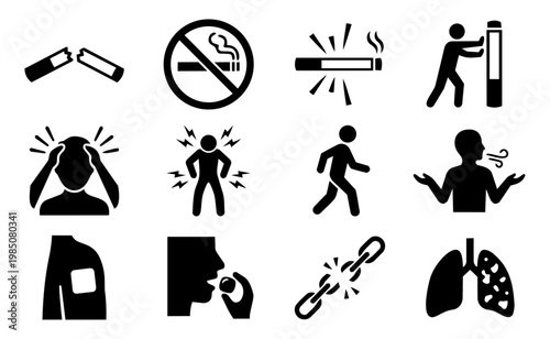 Quit Smoking Silhouettes Set Nicotine Withdrawal Stop Smoking Health Icons Vector
