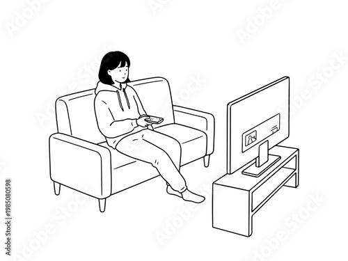 A simple black and white line art drawing featuring a young woman sitting comfortably on a couch in a living room while watching television.