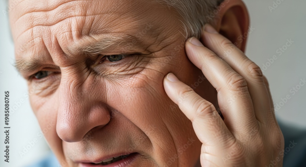 Fototapeta premium Mature man expresses deep concern while touching his face with his hand.