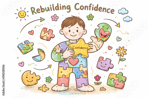 Piece rebuilding image confidence growth vector person doodle style simple concept icon