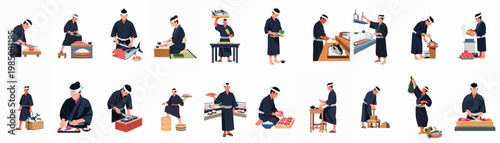 Flat vector illustrations set of Japanese chefs skillfully preparing sushi, sashimi, and fresh seafood in a traditional restaurant setting.