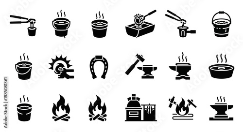Blacksmith icons, industrial symbols, metalwork signs, 20 steampunk elements, vector graphics