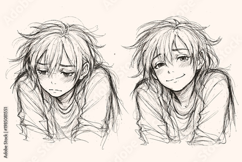 Smiling stress emotion icon generation image slowly imperfect person simple lines vector